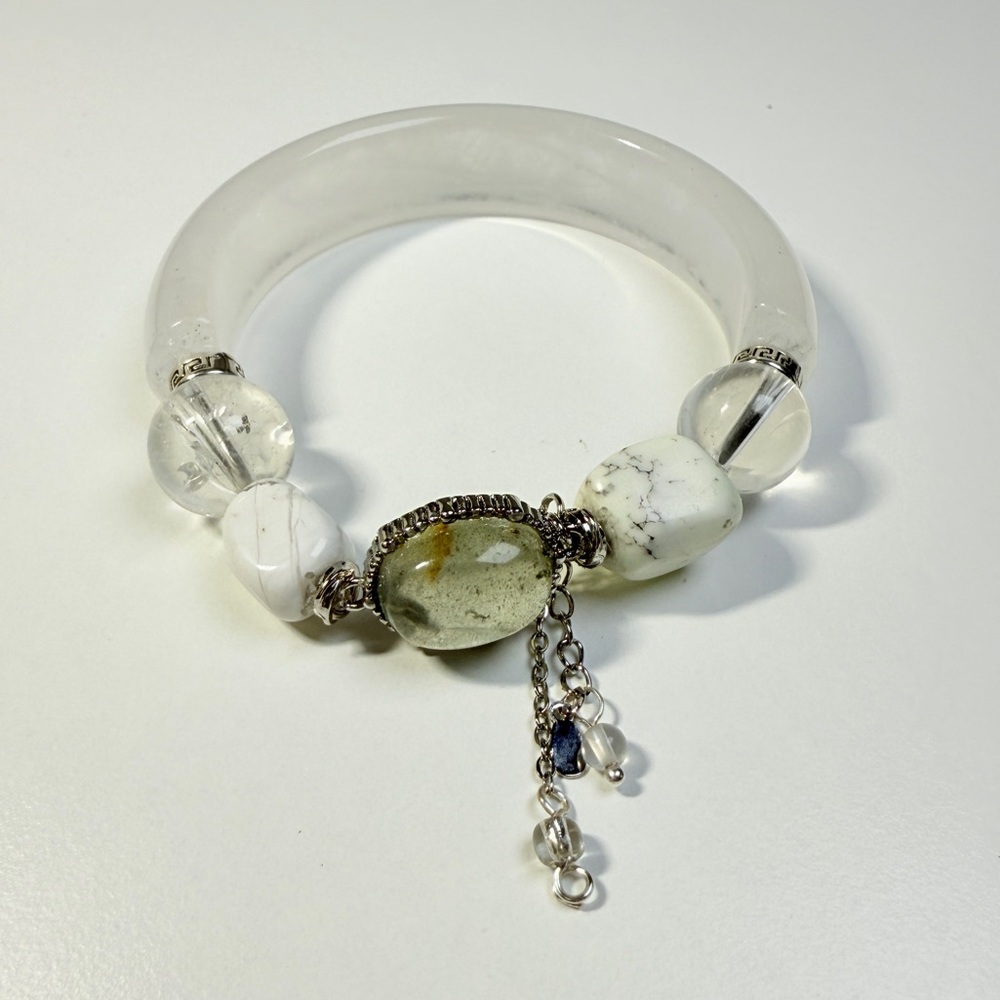 White Phantom Quartz Half Bangle Bracelet | Handmade Minimalist Jewelry